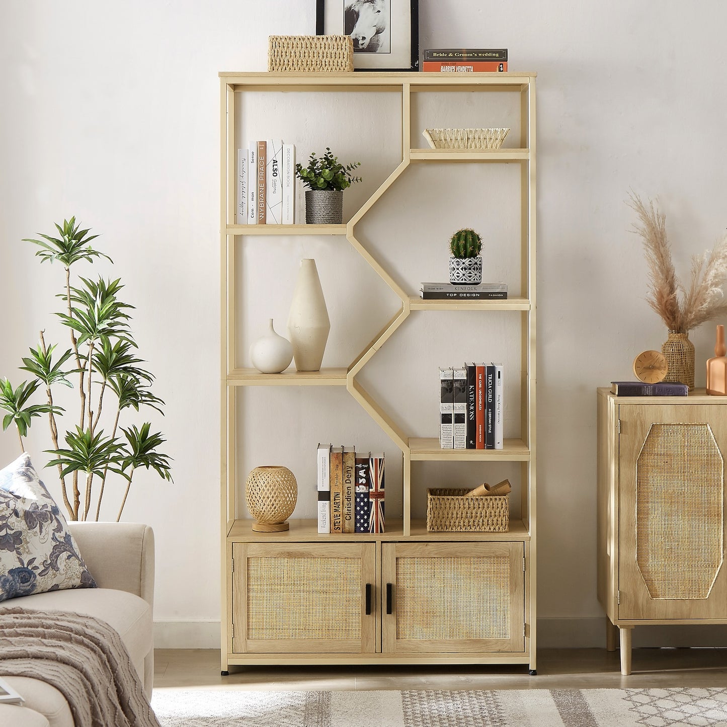 Axis 75" Tall Rattan Bookcase in Natural Finish