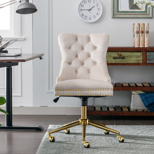 Astral Tufted Velvet Office Chair with Gold Base & Studs - Beige