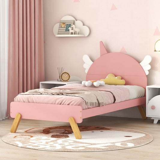 Homey Life Twin Platform Bed with Unicorn Headboard - Pink