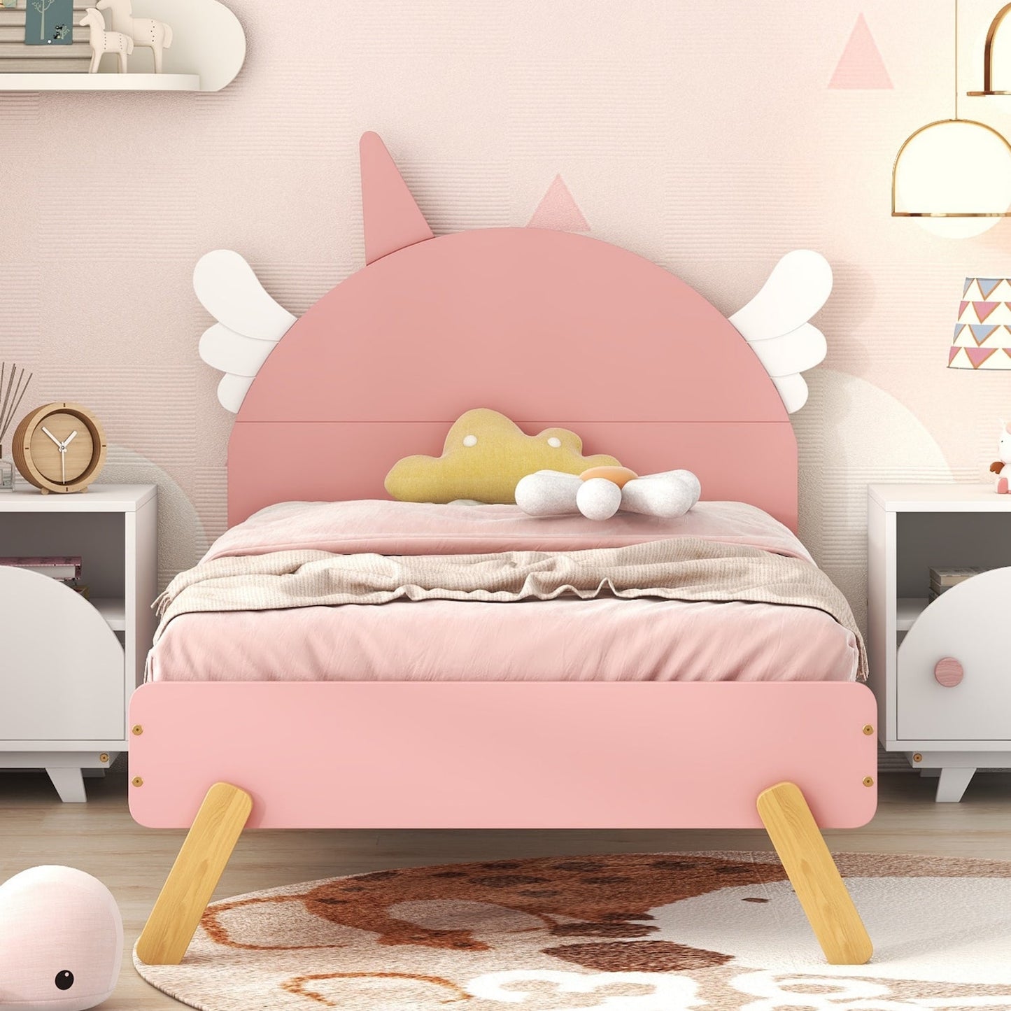 Homey Life Twin Platform Bed with Unicorn Headboard - Pink