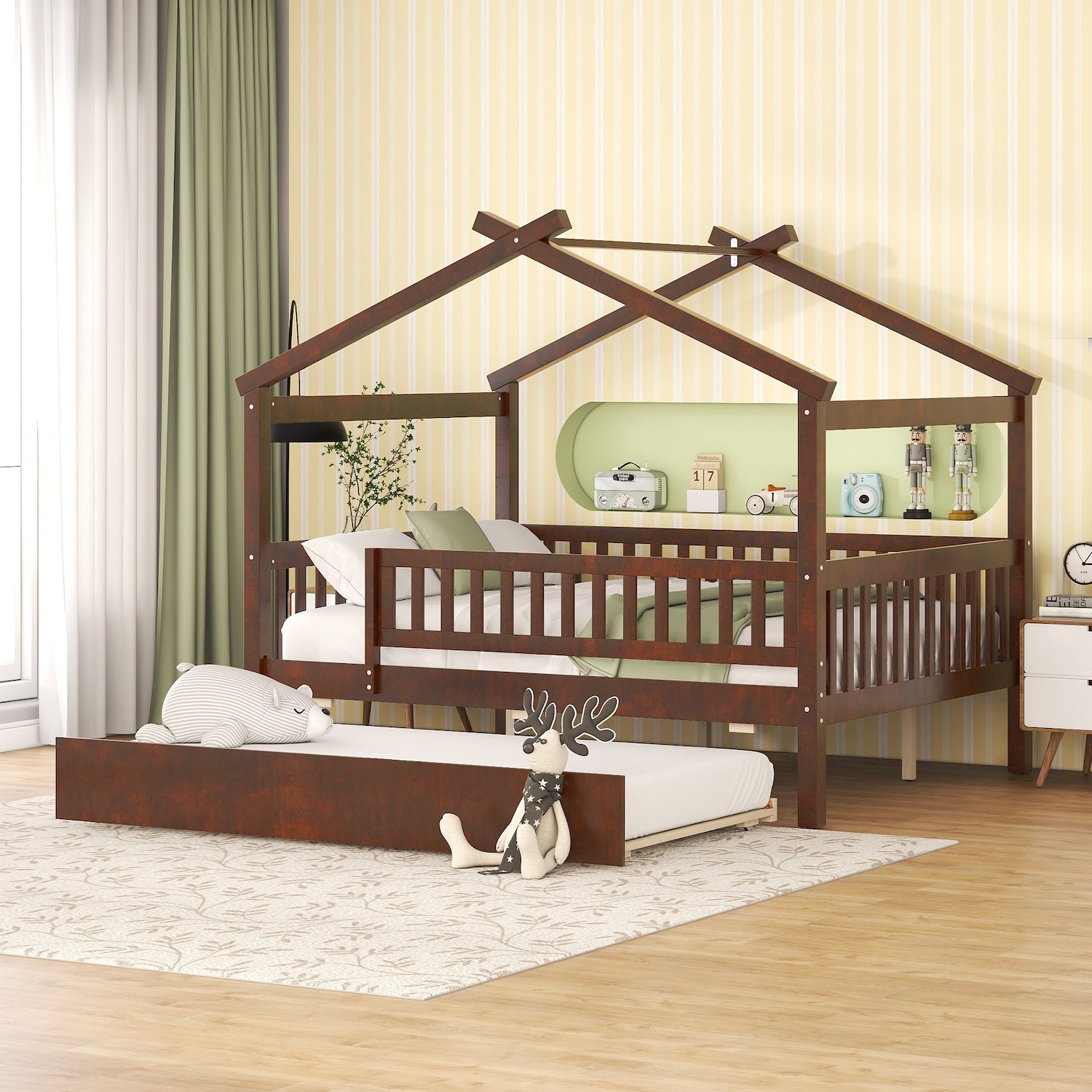 Lucky Furniture Full Size Wooden House Bed with Trundle