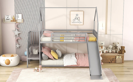 WM Store Twin Size Metal Bunk Bed with Slide & Staircase - Silver