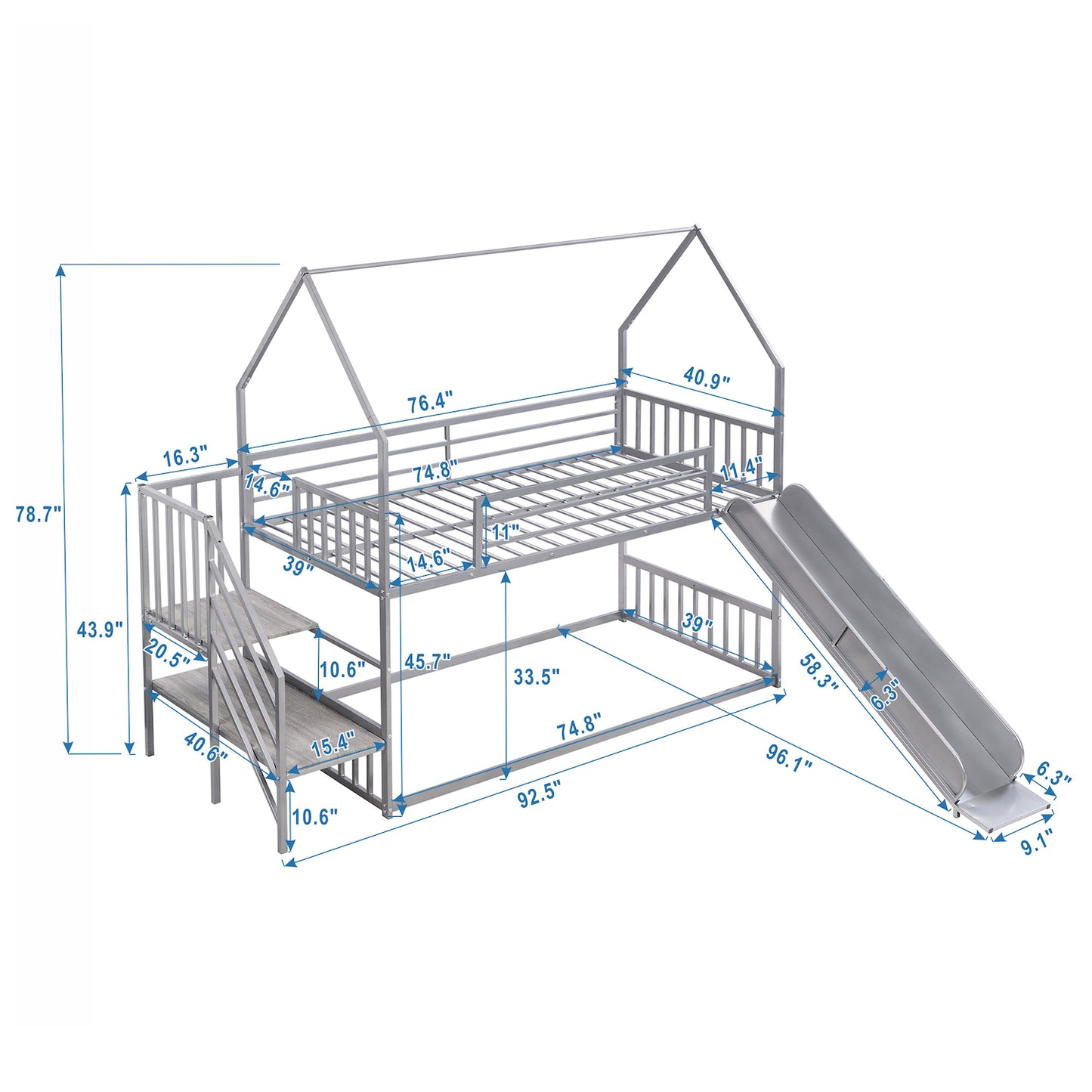 WM Store Twin Size Metal Bunk Bed with Slide & Staircase - Silver