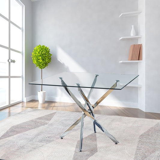 Artisan Furniture Square Clear Dining Tempered Glass Table with Silver Finish Stainless Steel Legs