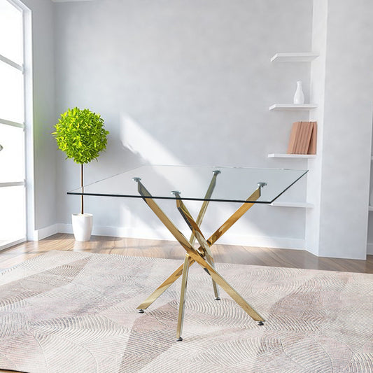 Artisan Furniture Square Clear Dining Tempered Glass Table with Gold Finish Stainless Steel Legs