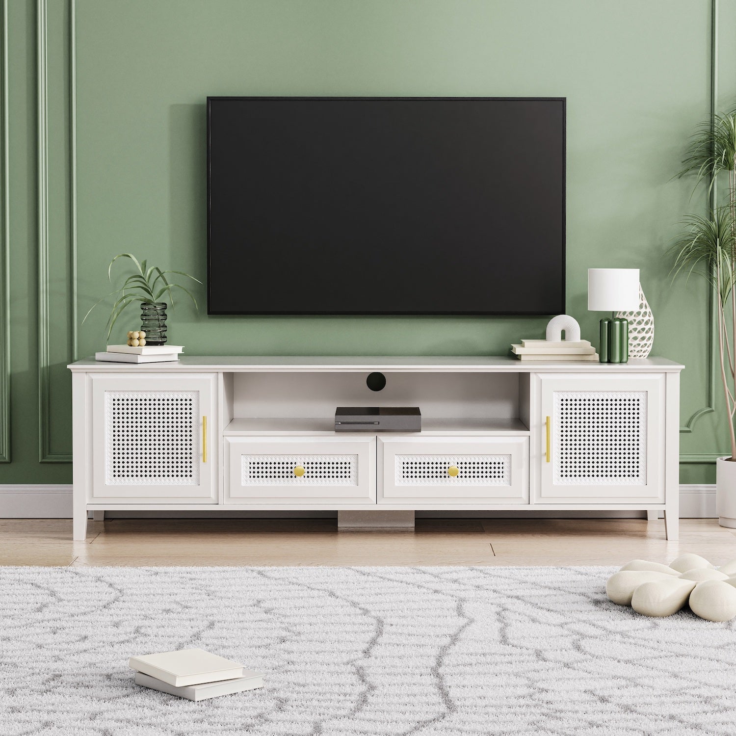 On-Trend Boho Style TV Stand with Rattan Doors - White