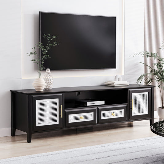 On-Trend Boho Style TV Stand with White Rattan Doors