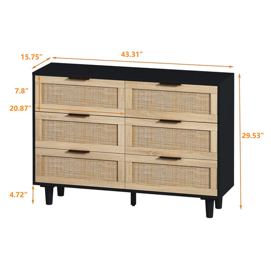 Danita 6-Drawer Cabinet in Black with Rattan Drawers