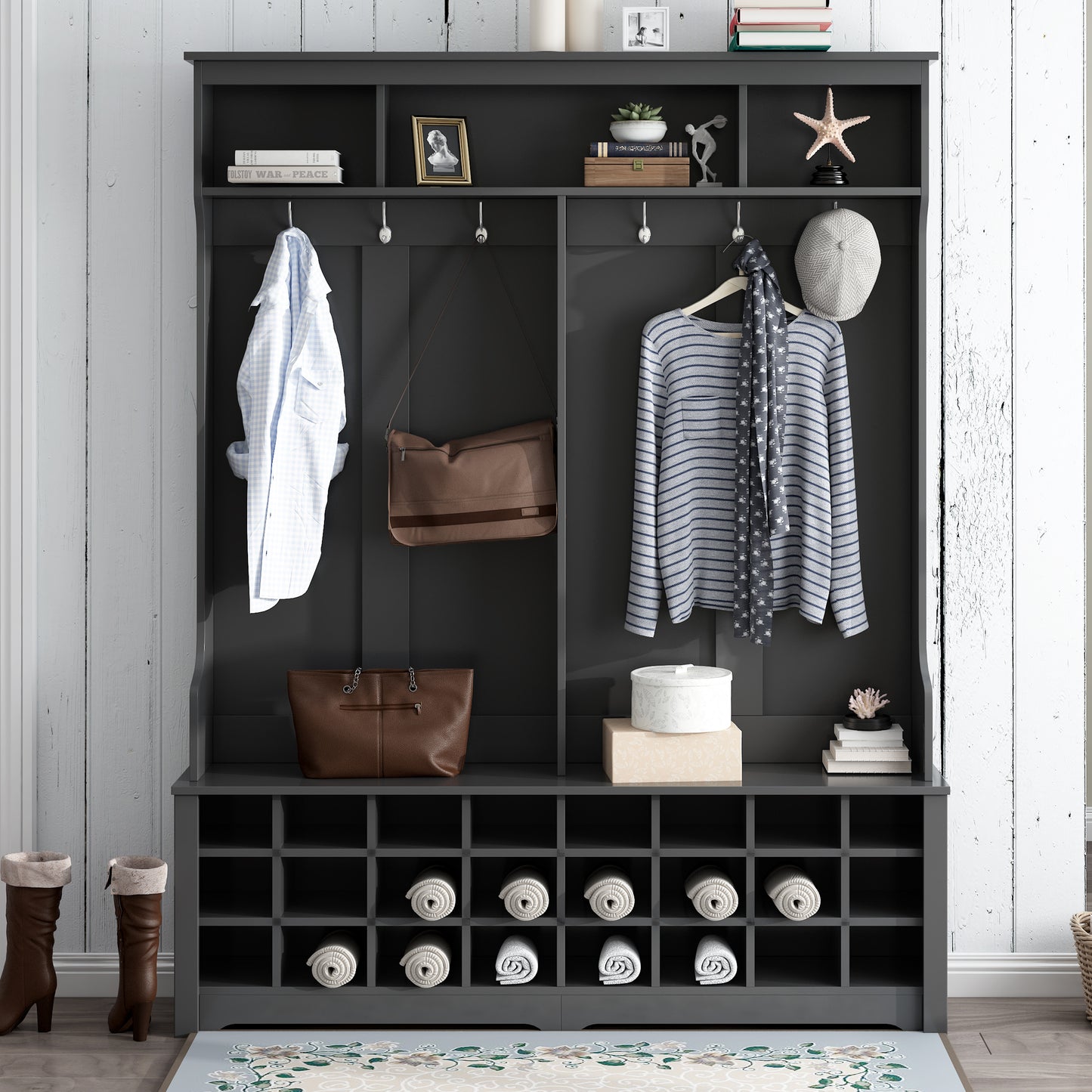 On-Trend Entryway Hall Tree with Coat Hooks & Cubbies - Black