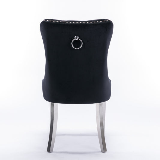Nikki Tufted Dining Chair with Silver Legs in Black Velvet Set of 2