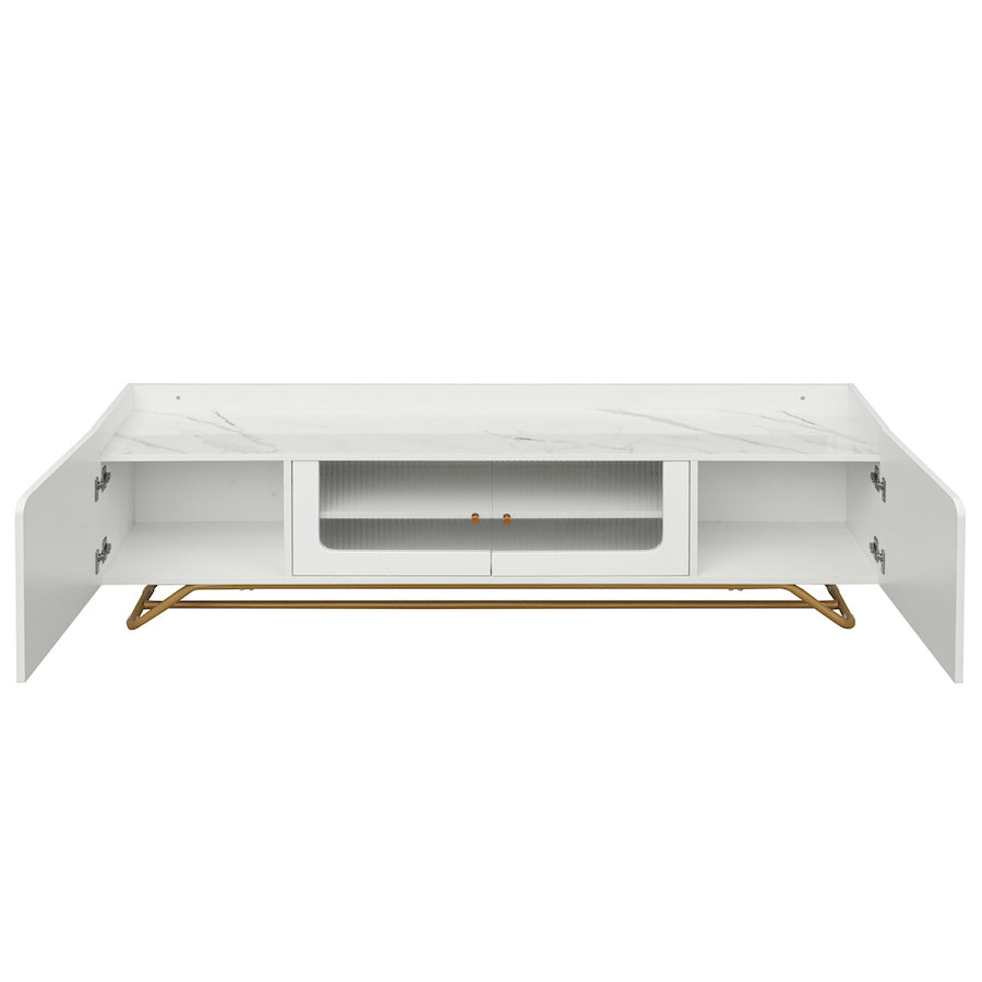 On-Trend Modern TV Stand with Fluted Glass & Faux Marble - White