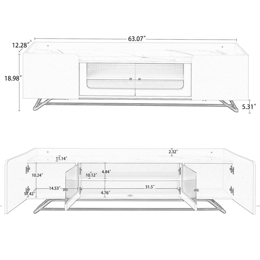 On-Trend Modern TV Stand with Fluted Glass & Faux Marble - White