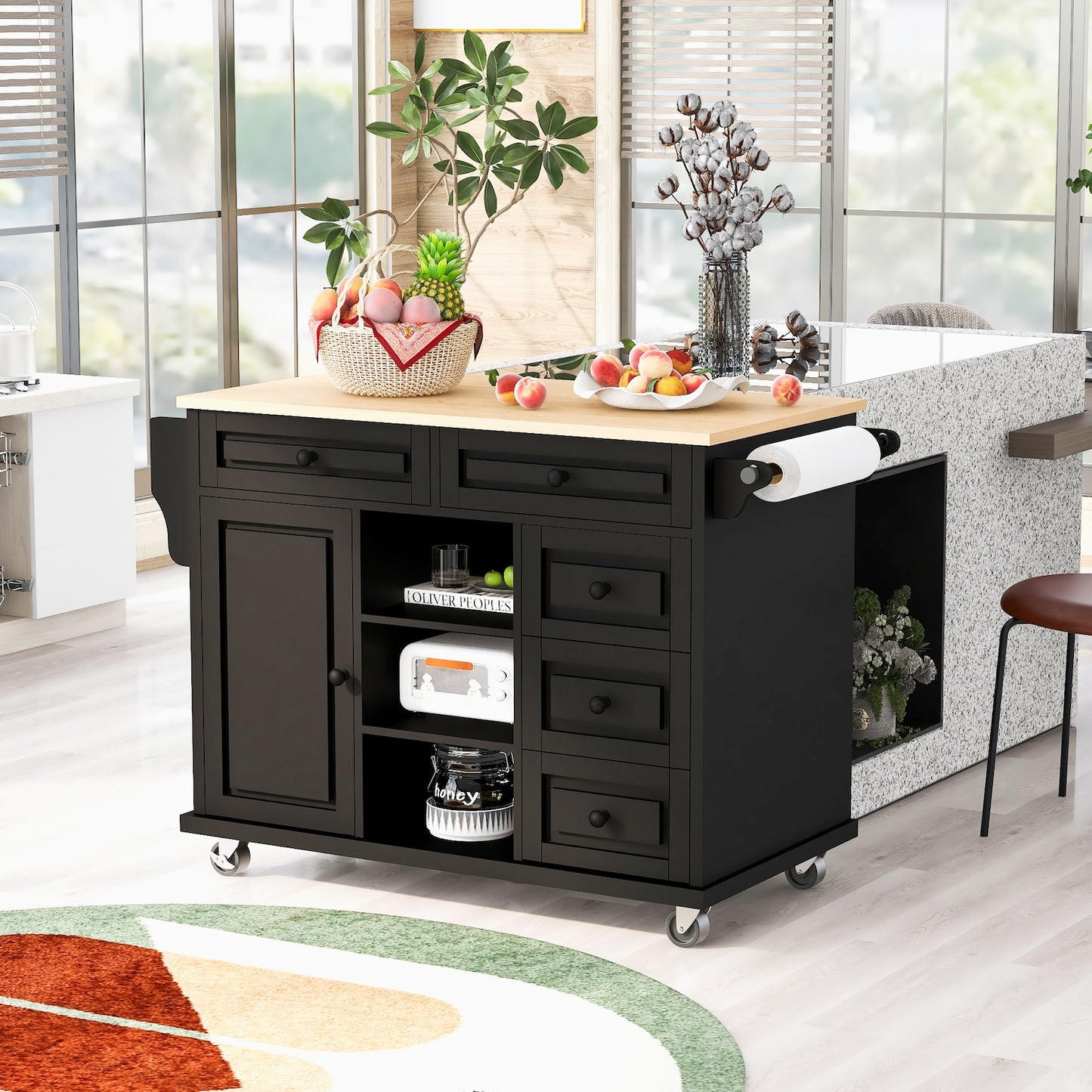 K&K Kitchen Island Cart with 5 Drawers - Black