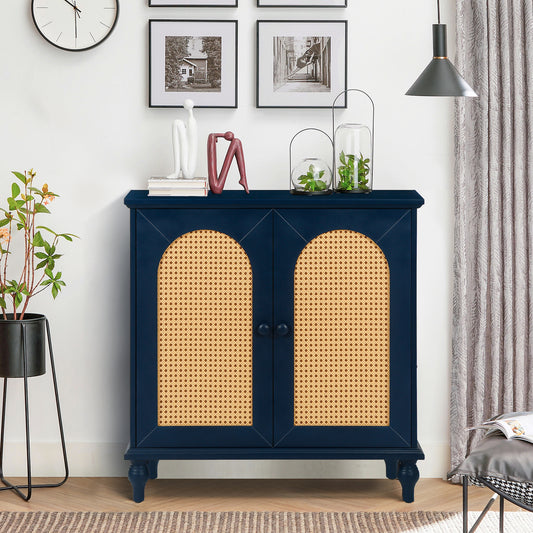 Zrun 2-Door Wooden Accent Cabinet with Rattan Fronts - Antique Blue