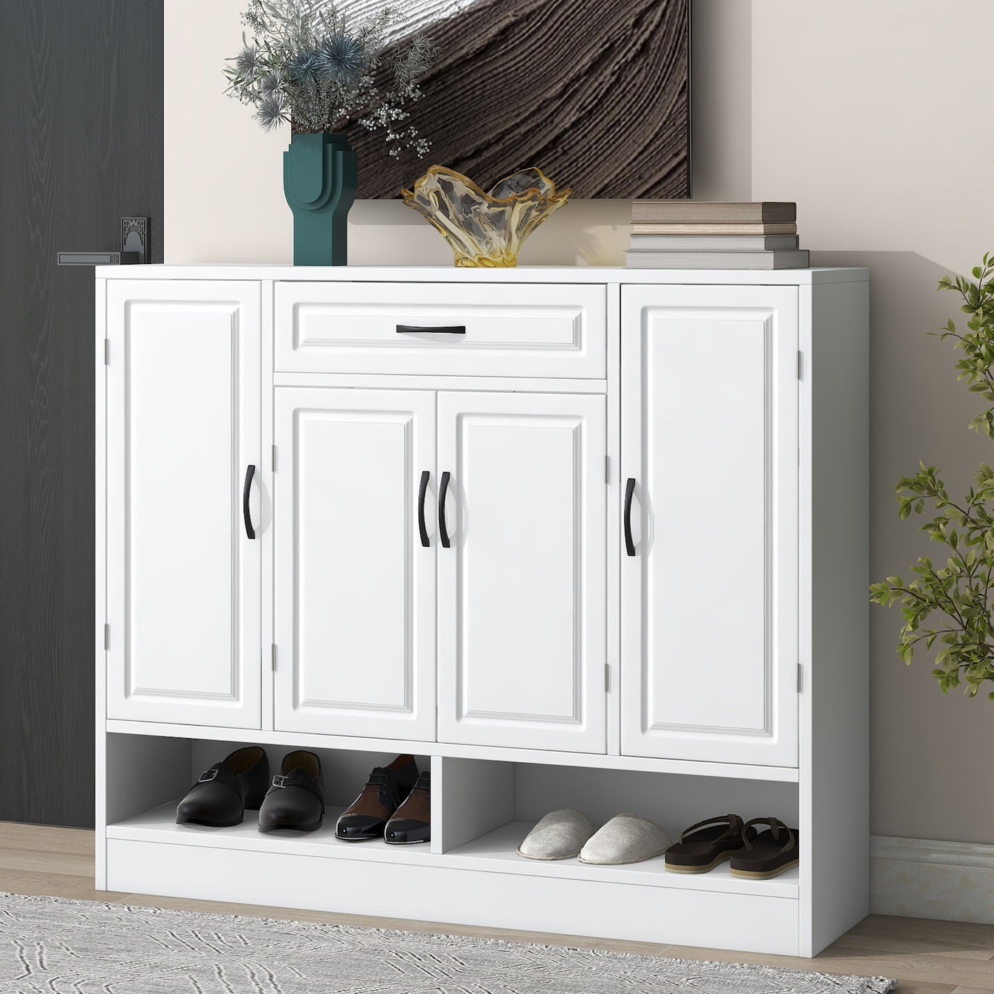 On-Trend Modern Entryway Cabinet with Shoe Storage - White