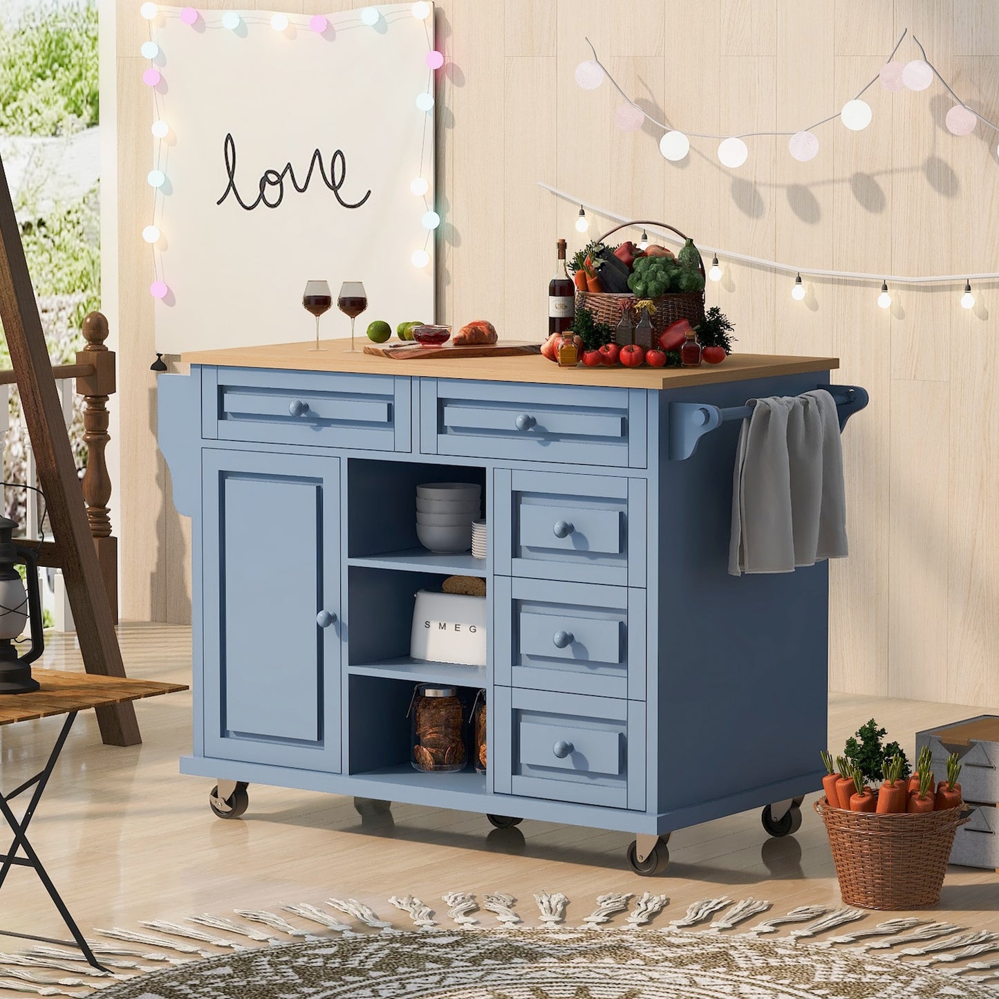 K&K Kitchen Island Cart with 5 Drawers - Blue