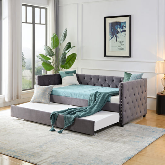 Marsha Contemporary Twin Size Tufted Daybed & Trundle Set - Gray