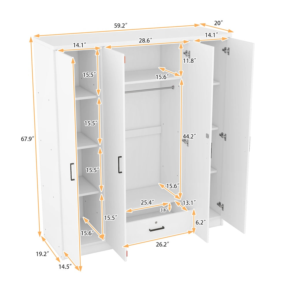 Mortgan 4-Door Wardrobe with 1 Drawer - White