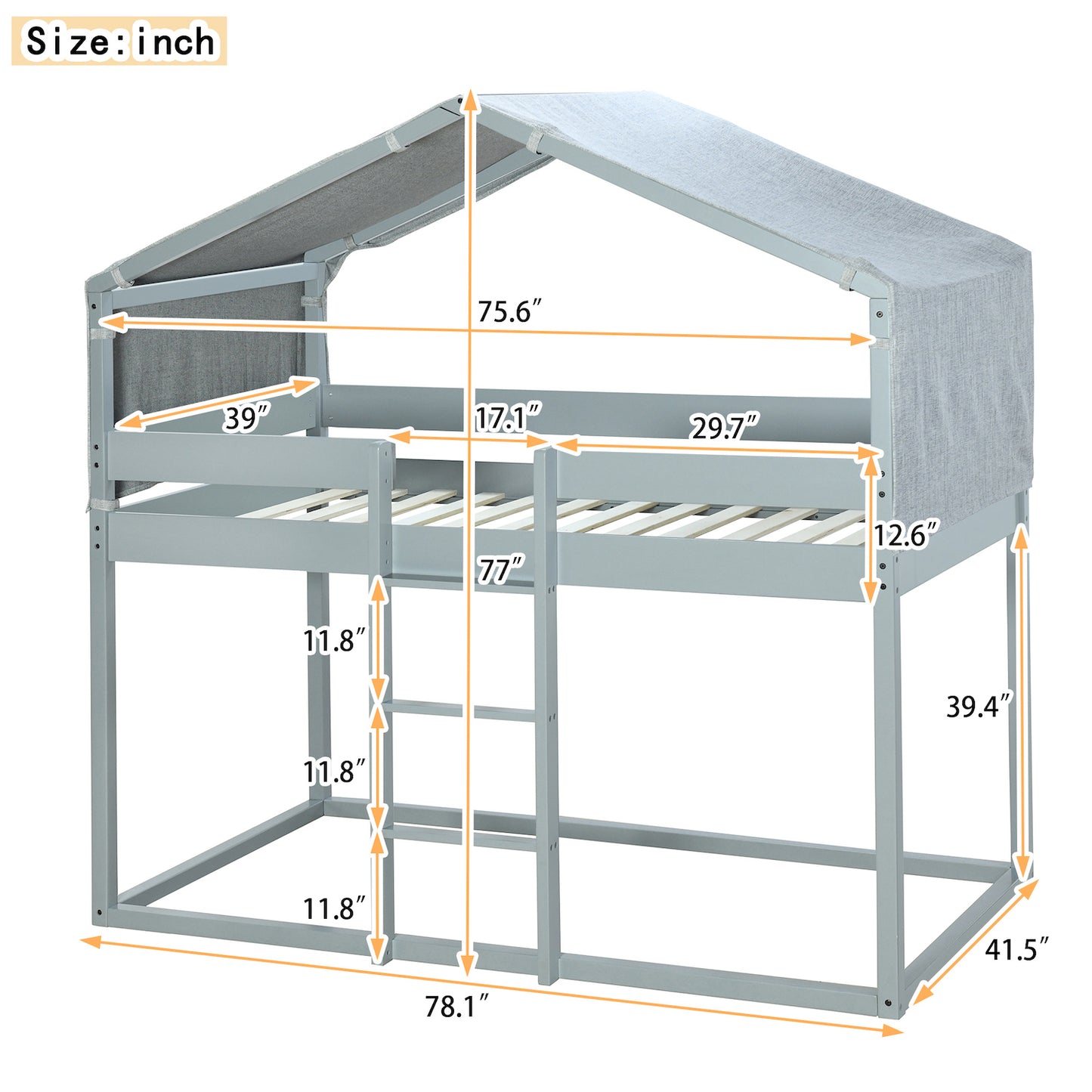 Lucky Twin over Twin Bunk Bed with Tent Roof - Gray