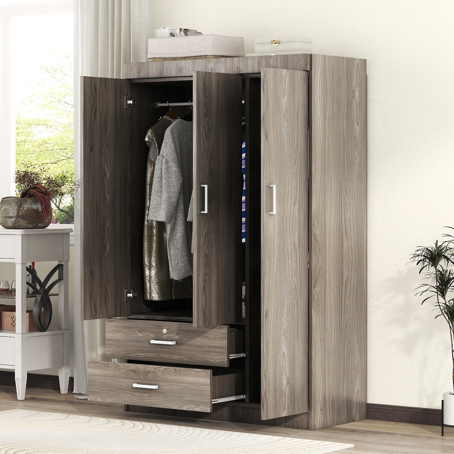 Marg 3-Door Wardrobe with 2 Drawers - Gray