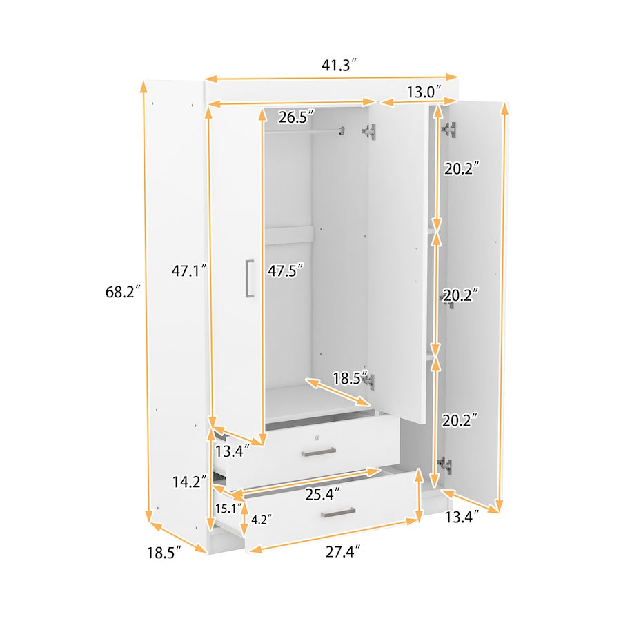 Marg 3-Door Wardrobe with 2 Drawers - White