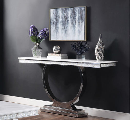 ACME Zander Sofa Table, White Printed Faux Marble & Mirrored Silver Finish