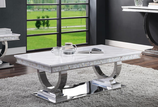 ACME Zander Coffee Table, White Printed Faux Marble & Mirrored Silver Finish 87355