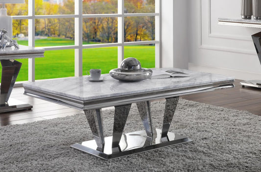 ACME Satinka Coffee Table, Light Gray Faux Marble & Mirrored Silver Finish 87215