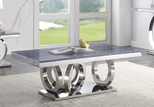 ACME Zasir Coffee Table, Gray Printed Faux Marble & Mirrored Silver Finish 87335
