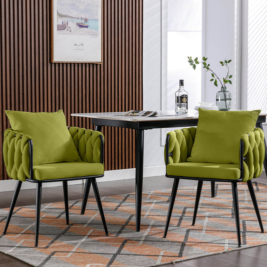 Zen Zone Modern Velvet Hand Weaved Dining Chairs Set of 2 - Olive Green