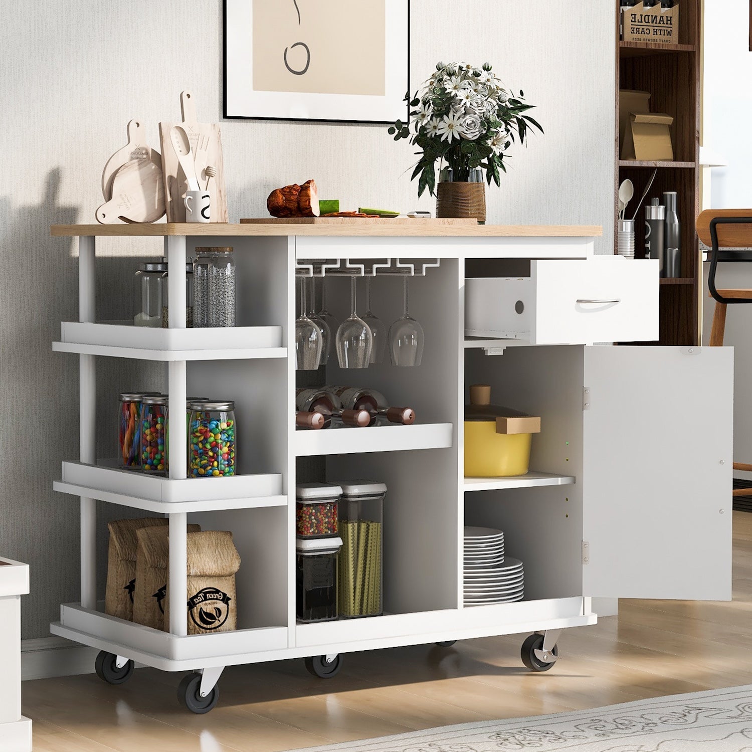 K&K Kitchen Island Cart with 2 Drawers & Open Shelves - White