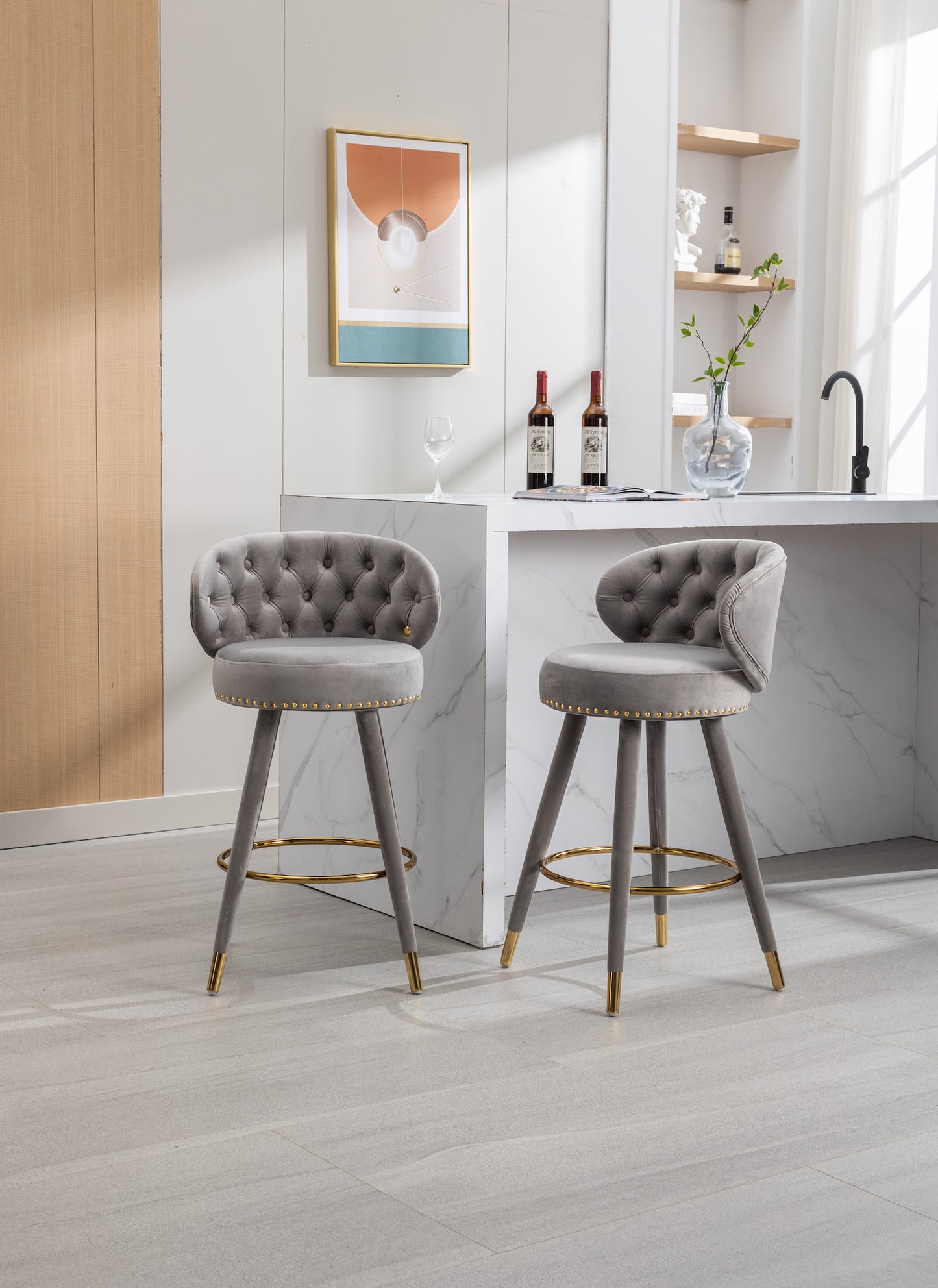 Lindsey Velvet Counter Height Swivel Stools - Gray & Gold