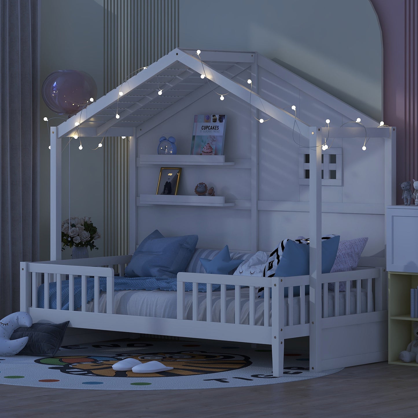 Lucky Twin House Bed with Shelves & Fairy Lights - White