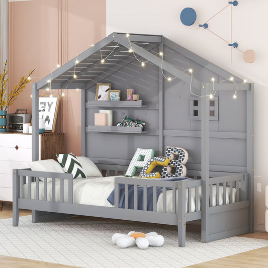Lucky Twin House Bed with Shelves & Fairy Lights - Gray