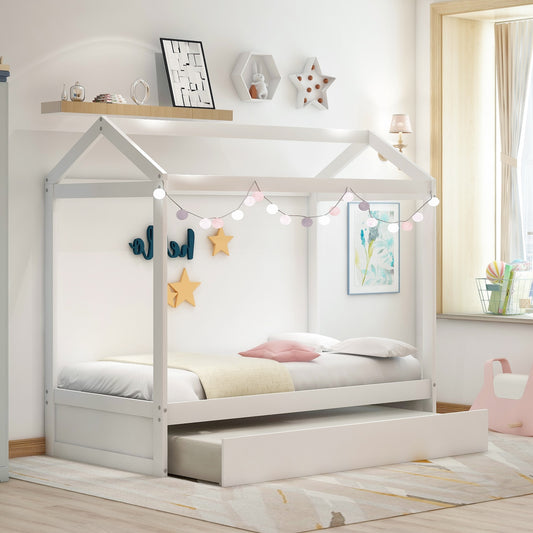 Whimsy Twin House Bed with Trundle - White