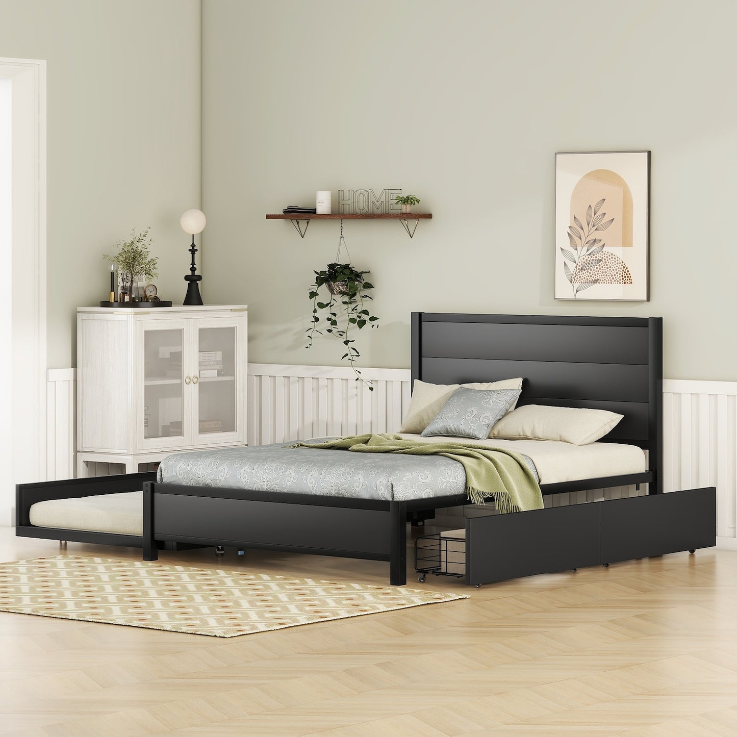 Elementa Full Size Metal Platform Bed with Trundle & Storage