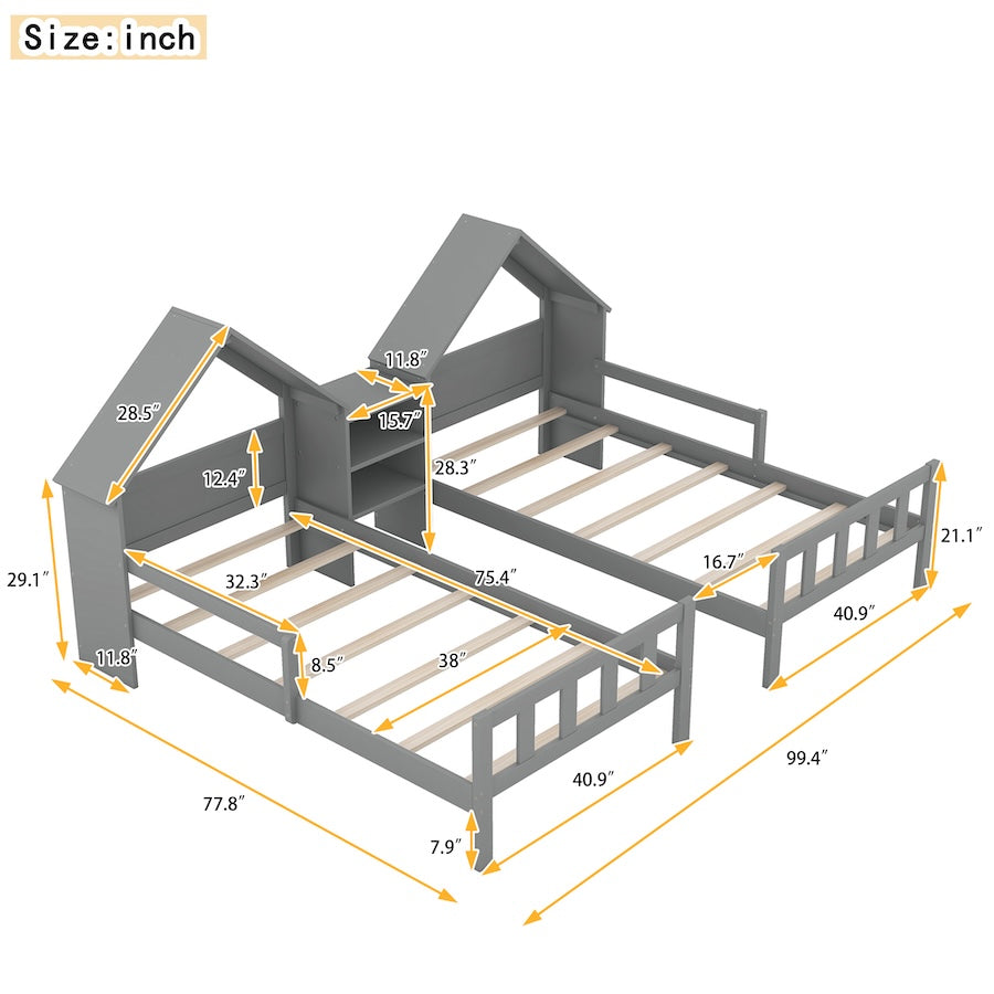 Ripple Double Twin Platform Bed with Built in Nightstand - Gray