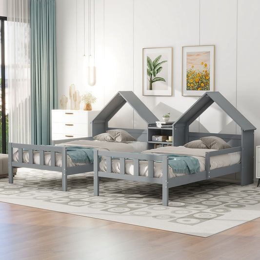 Ripple Double Twin Platform Bed with Built in Nightstand - Gray
