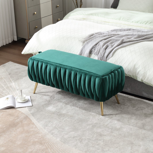 Linz Modern Velvet Bedroom Storage Bench with Gold Legs - Emerald