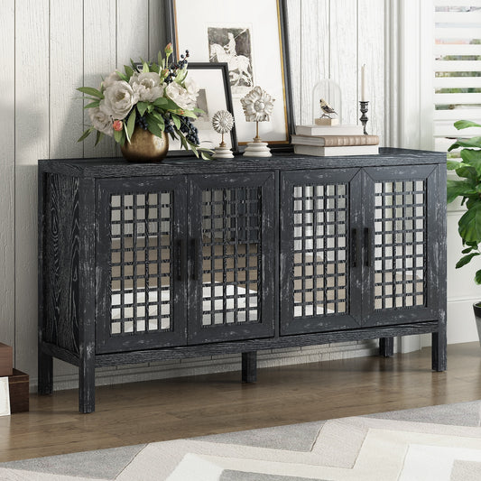 Sonora Retro Mirrored Sideboard with Closed Grain Pattern - Antique Black