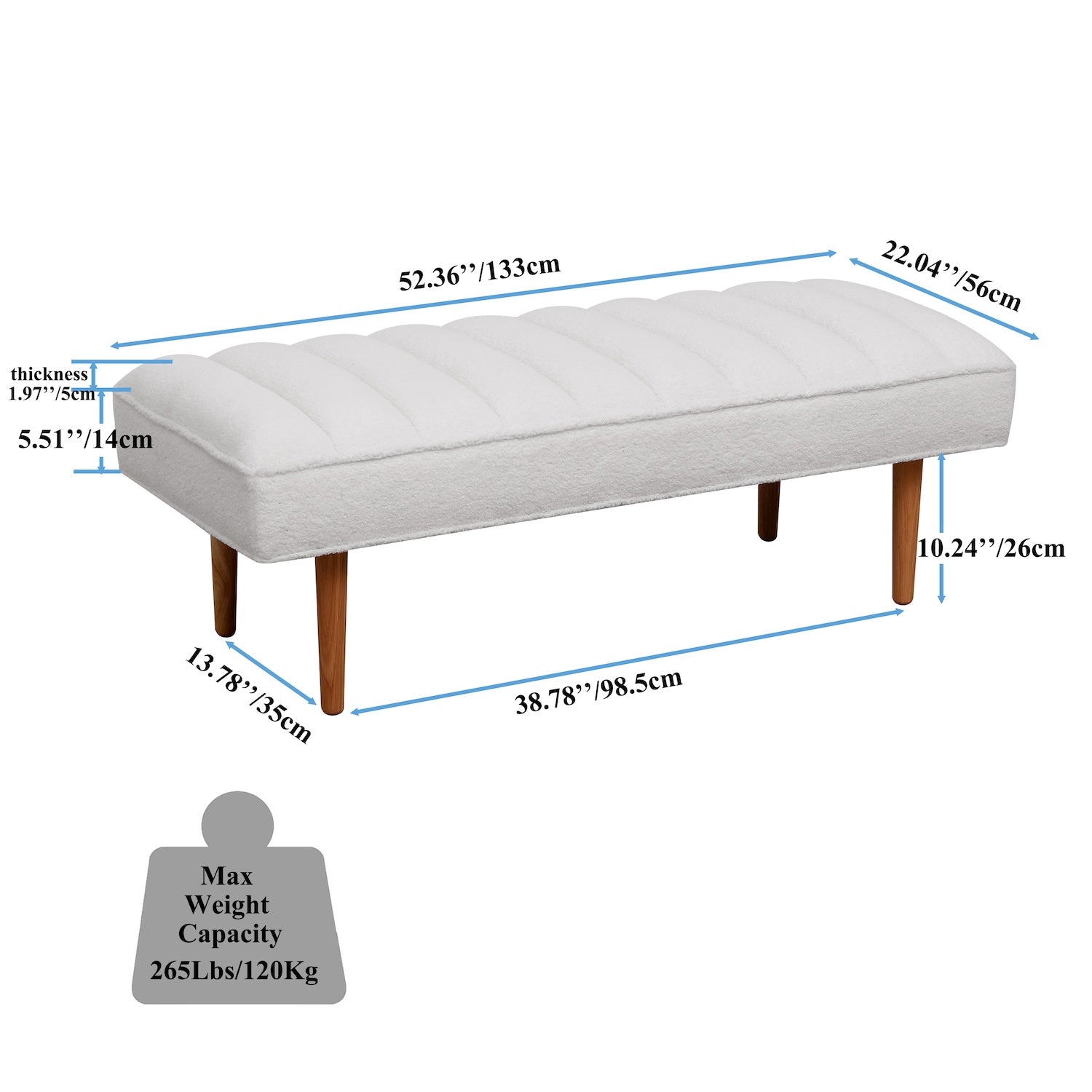 Channel Tufted Bench White Sherpa Upholstered End of Bed Benches with Wooden Legs White