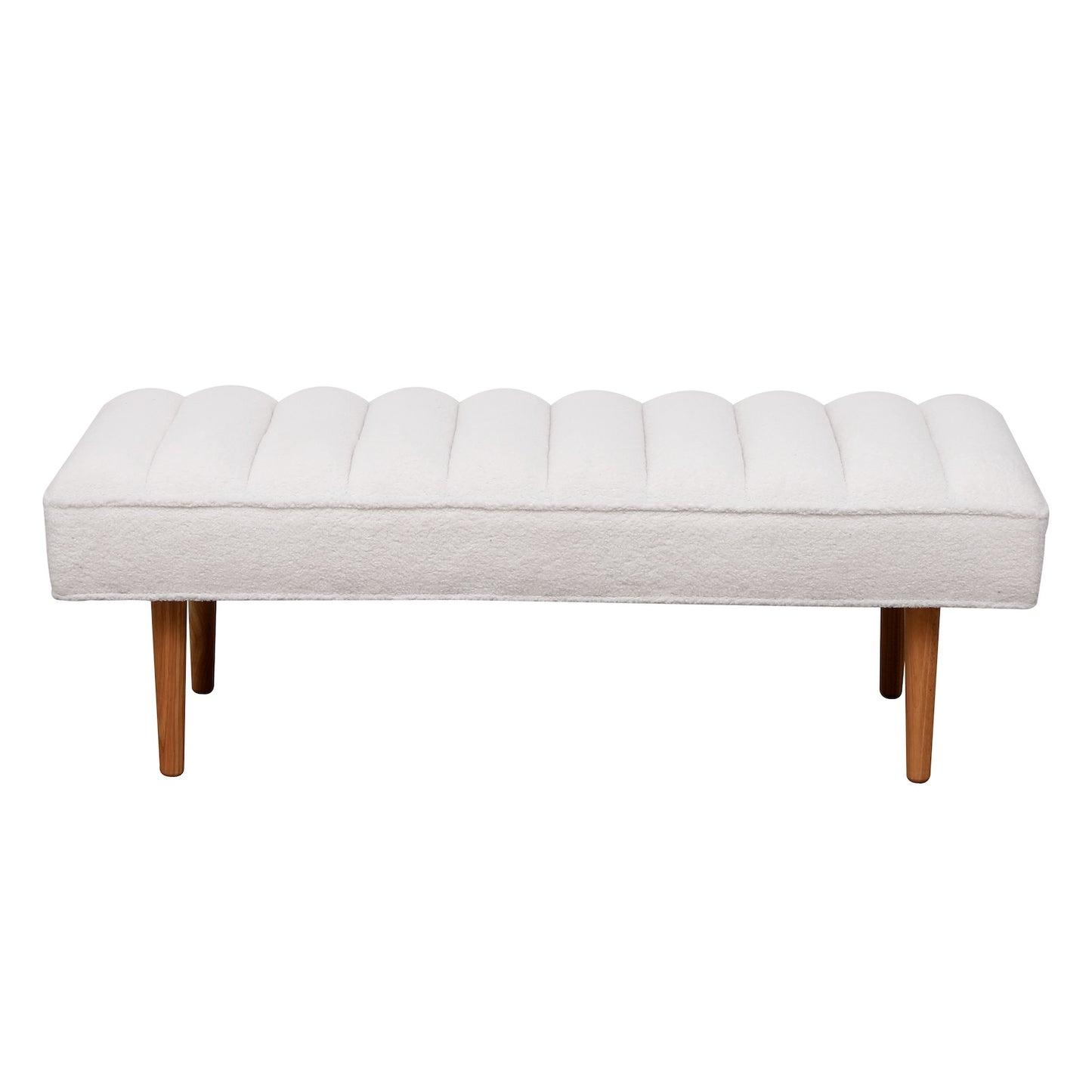 Channel Tufted Bench White Sherpa Upholstered End of Bed Benches with Wooden Legs White