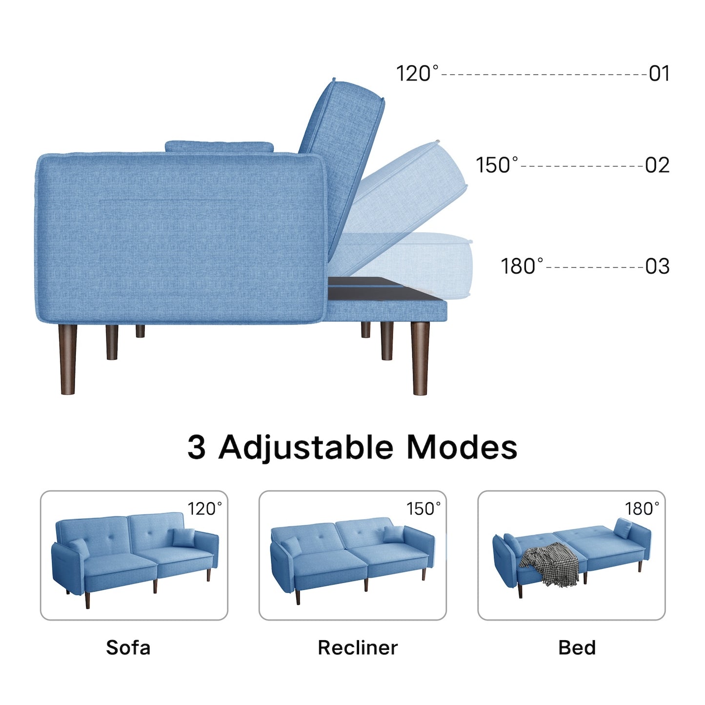 Oceana Split Back Sofa Bed with Walnut Legs - Blue