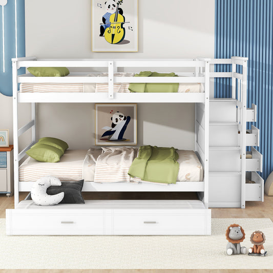 Full over Full Bunk Bed with Twin Size Trundle and Staircase - White - detail view 2