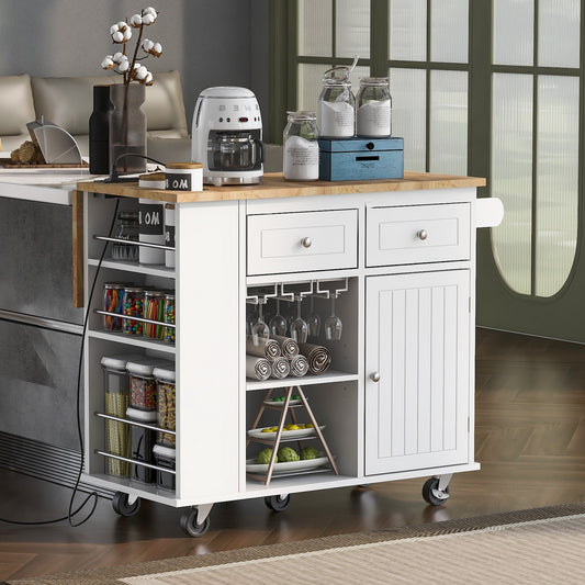 K&K Kitchen Island Cart with Drop Leaf Table Top - White