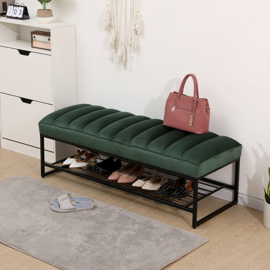 Channel Tufted Entryway Bench with Shoe Rack - Green Velvet