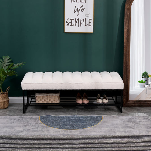 Channel Tufted Entryway Bench with Shoe Rack - White Sherpa