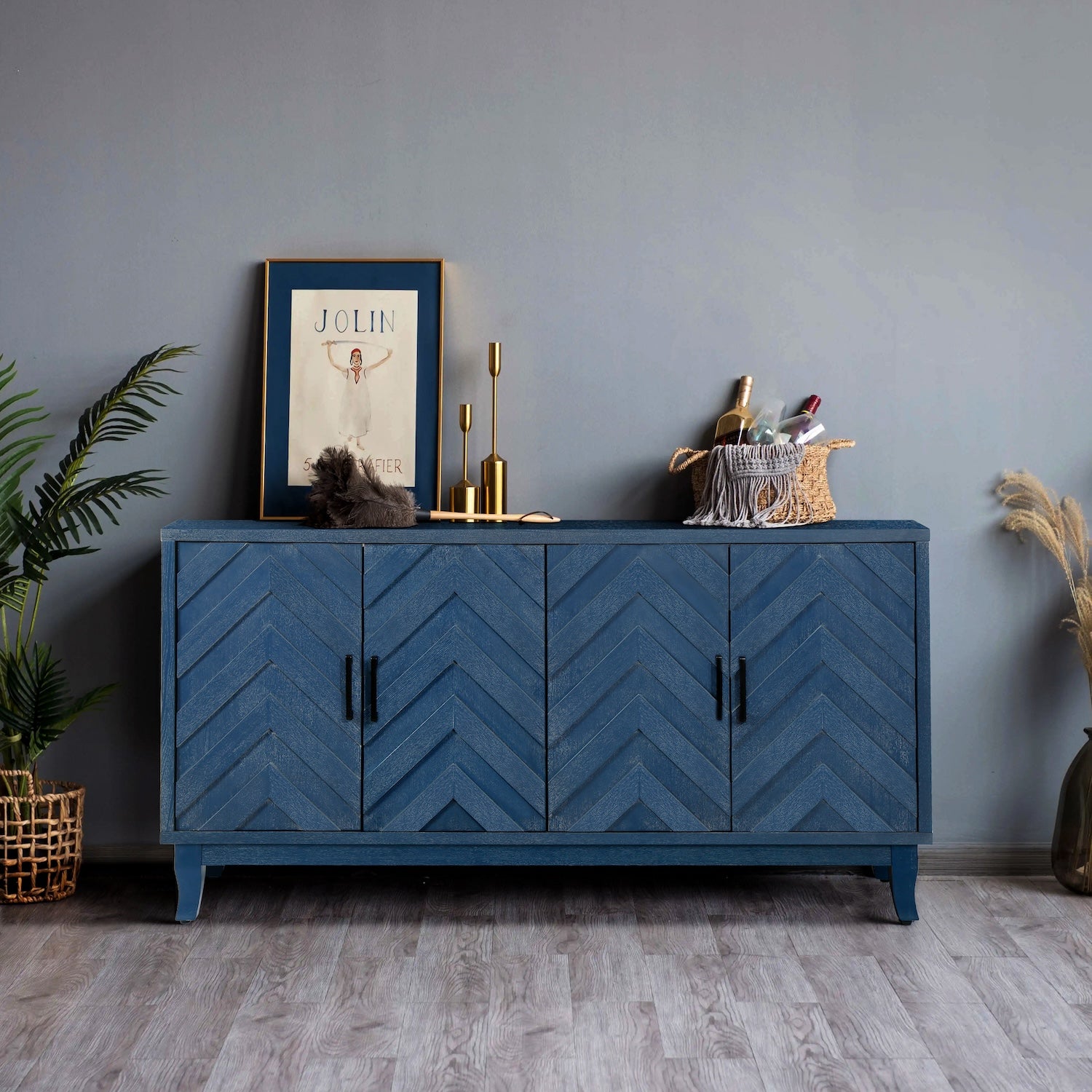 Zrun Modern Cabinet with Striped Design in Antique Navy Blue