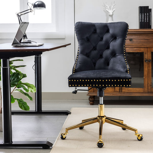 Astral Tufted Velvet Office Chair with Gold Base & Studs - Black