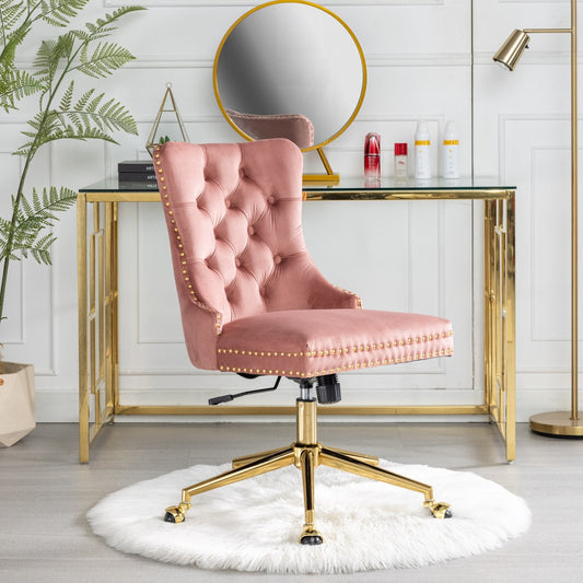 Astral Tufted Velvet Office Chair with Gold Base & Studs - Pink